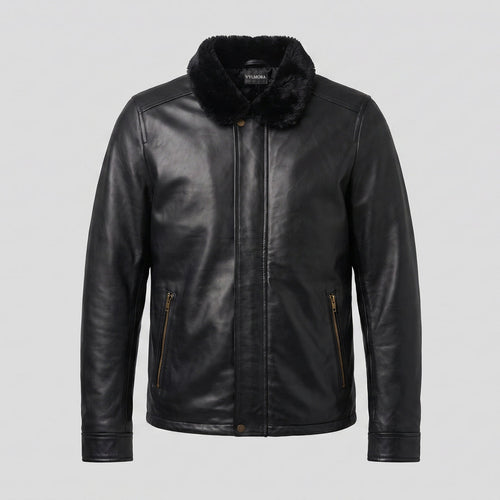 VYLMORA Aviator Leather Jacket in Noir Black front view