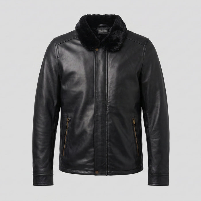 VYLMORA Aviator Leather Jacket in Noir Black front view