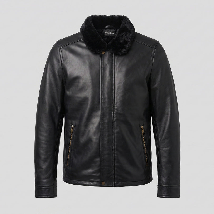 VYLMORA Aviator Leather Jacket in Noir Black front view