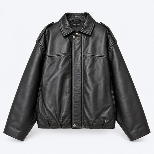 VYLMORA Drape Women’s Leather Bomber Jacket in Noir Black front view