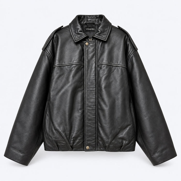 VYLMORA Drape Women’s Leather Bomber Jacket in Noir Black front view
