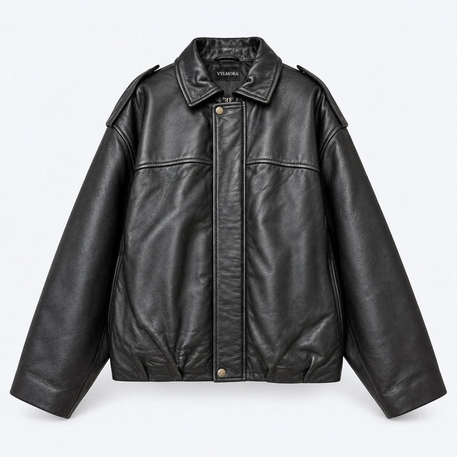 VYLMORA Drape Women’s Leather Bomber Jacket in Noir Black front view