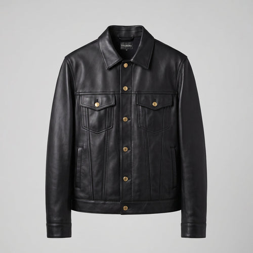 VYLMORA Heritage Men’s Leather Trucker Jacket in Noir Black front view