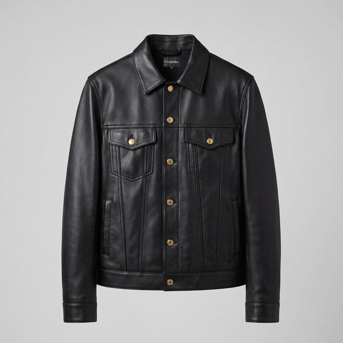 VYLMORA Heritage Men’s Leather Trucker Jacket in Noir Black front view