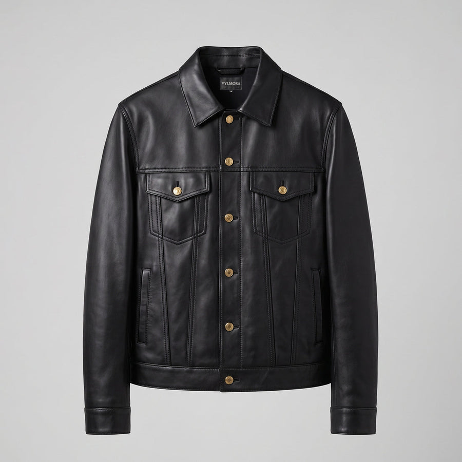 VYLMORA Heritage Men’s Leather Trucker Jacket in Noir Black front view